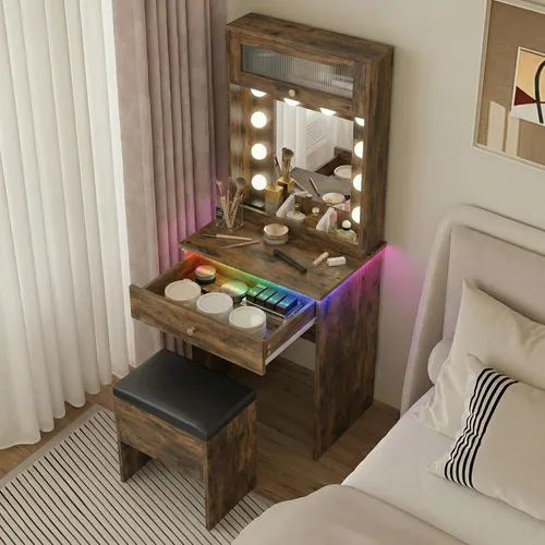 Miniatura 9 de ARTETHYS Escritorio pequeño con espejo y luces, tocador de maquillaje rústico pequeño con silla de almacenamiento, juego de mesa de maquillaje