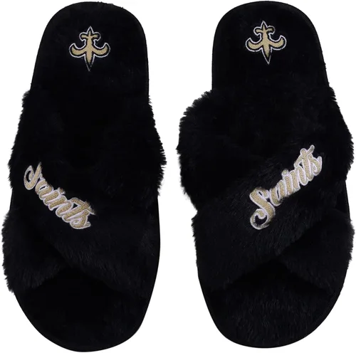 Miniatura 22 de FOCO Pantuflas deslizantes cruzadas mullidas con logotipo de texto del equipo NFL para mujeres