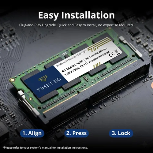 Miniatura 6 de Timetec Premium Kit de memoria Ram de 16 GB (2 x 8 GB) DDR3L/DDR3 1600 MHz PC3L-12800 no ECC sin búfer 1,35 V/1,5 V CL11 2 Rx8 doble rango 204 pines