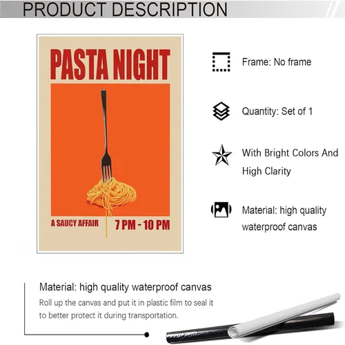 Miniatura 2 de Pósteres nocturnos de pasta retro, arte divertido de comida de fideos, arte de mediados de siglo, lienzo de cocina moderna de mediados de siglo
