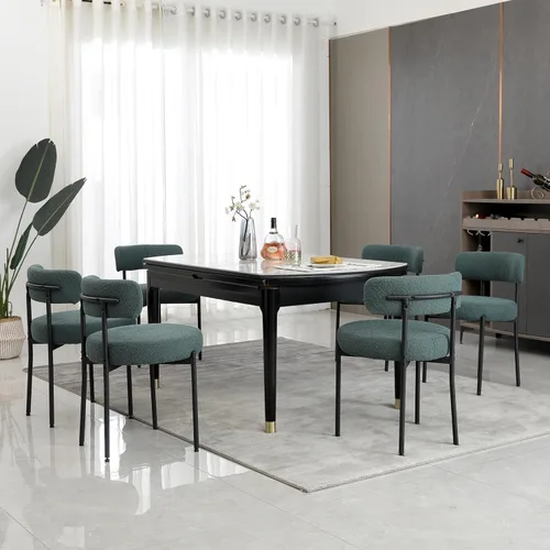 Miniatura 21 de Juego de 2 sillas de comedor negras redondas tapizadas de bouclé para el comedor, sillas de cocina modernas de mediados de siglo con respaldo curvo