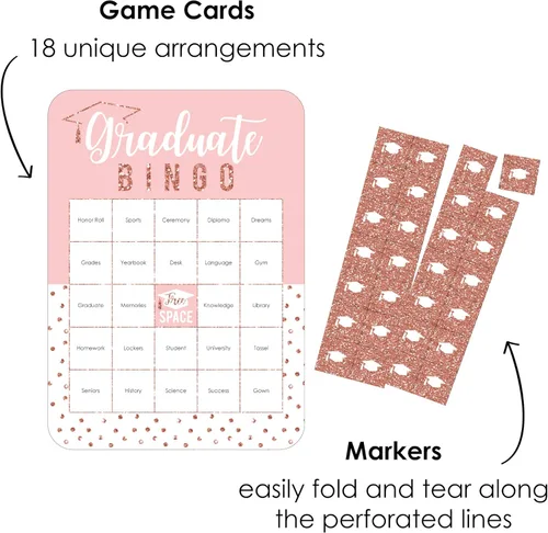 Miniatura 2 de Big Dot of Happiness Grad de oro rosa - Tarjetas de bingo y marcadores - Juego de bingo en forma de fiesta de graduación - Juego de 18 Rose Gold