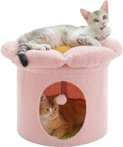 Miniatura 11 de PETEPELA Camas para gatos de 2 niveles para gatos de interior, casa de árbol para gatos con cama de flores extraíble, lindo escondite de gatos