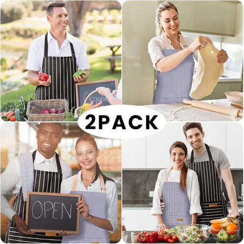 Miniatura 7 de BeLuyi - Paquete de 2 delantales ajustables con peto, delantales de chef para cocina, restaurante, con 2 bolsillos, delantales para mujeres