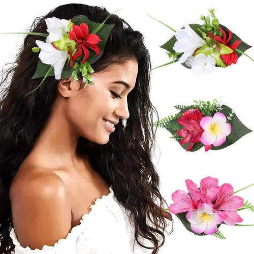 Miniatura 12 de HAIMEIKANG - Pinza para el pelo, 3 piezas de horquillas de flores hawaianas - Accesorios de cabello con flores tropicales artificiales para mujeres
