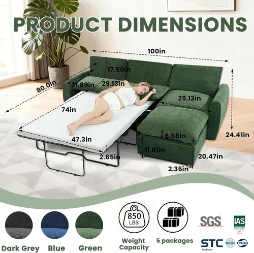 Miniatura 2 de Sofá extraíble en forma de L con cama cama y otomana de almacenamiento, sofá modular de felpilla para sala de estar, sofá modular en forma de L