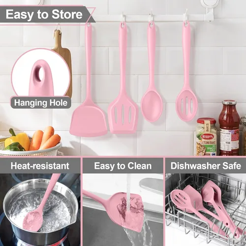 Miniatura 7 de P&P CHEF Juego de utensilios de cocina, 4 piezas de utensilios de cocina de silicona antiadherentes, cuchara sólida ranurada y resistente al calor