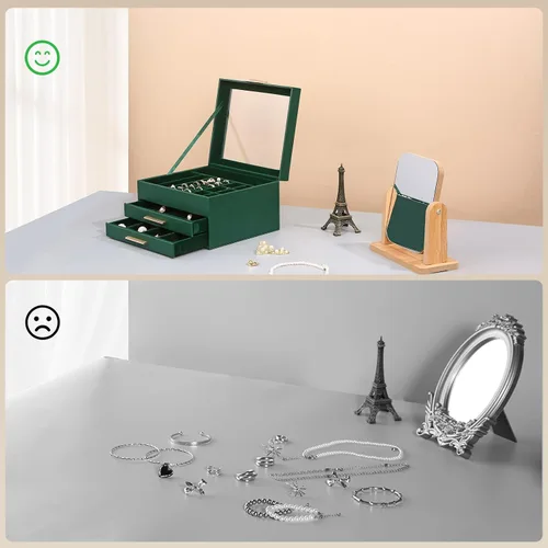 Miniatura 7 de Joyero organizador para mujer, 3 capas de piel sintética, caja de almacenamiento de joyas con tapa de cristal, regalo para personas, 3 cajones, gran