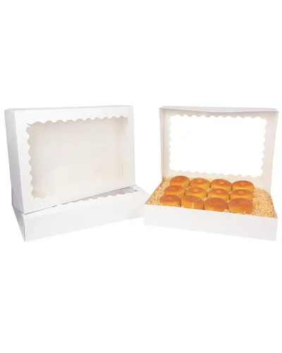 Miniatura 5 de qiqee Caja de galletas blanca desplegable automática con ventana de 14 x 10 x 2.5 pulgadas, 24 piezas, caja de panadería pastelería macaron
