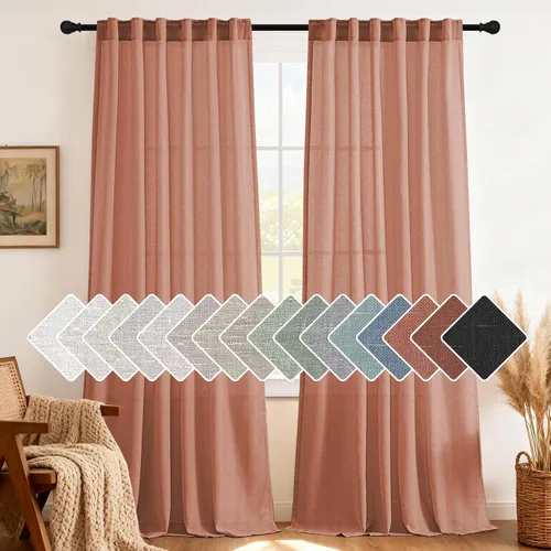 Miniatura 11 de H.VERSAILTEX Cortinas de lino natural de 63 pulgadas de largo para sala de estar, 2 paneles con trabillas traseras y bolsillo, texturizadas