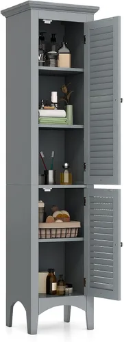 Miniatura 10 de Tangkula Armario de almacenamiento de baño de 63 pulgadas de alto, torre de lino estrecha independiente con estante ajustable, gabinete moderno