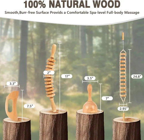 Miniatura 7 de KintKita Herramientas de masaje de terapia de madera 4 en 1, masajeador de drenaje linfático de madera, removedor de celulitis corporal, kit