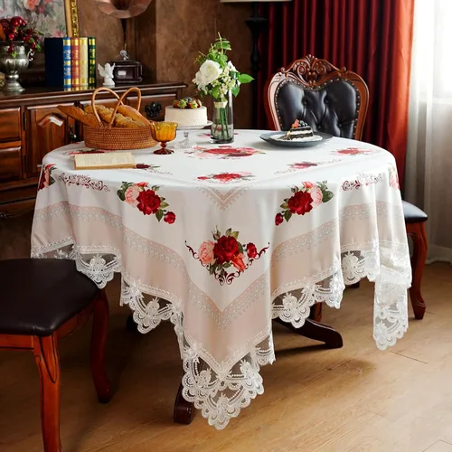 Miniatura 11 de SUTAVIA Mantel de Mesa Bordado con Encaje, Cubierta de Mesa Rectangular Estilo Granja, Mantel de Macramé Clásico Oblongo con Decoración Floral