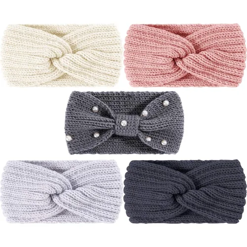Miniatura 12 de Whaline - 5 diademas tejidas de invierno, diademas mullidas tejidas, 4 envolturas de turbante elásticas y 1 banda de pelo de ganchillo de perla