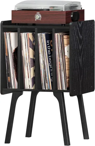 Miniatura 11 de LELELINKY Soporte para tocadiscos, mesa de almacenamiento de discos de vinilo de nogal con 4 gabinetes de hasta 100 álbumes, soporte para tocadiscos