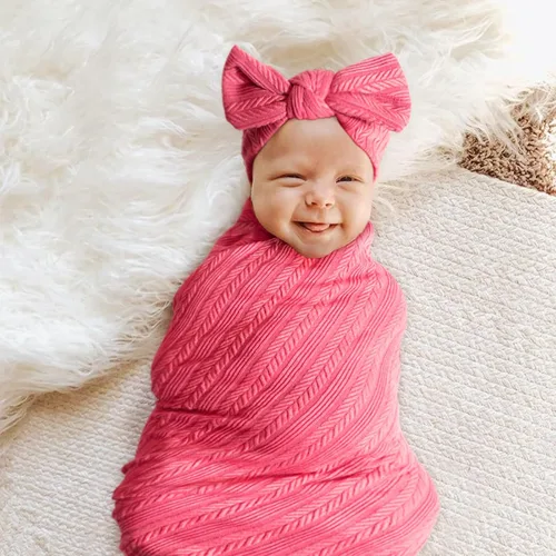 Miniatura 2 de DRESHOW BQUBO Manta de recepción para recién nacido, cálida para niñas con sombrero de lazo y diadema de lazo, regalo para baby shower 1 juego