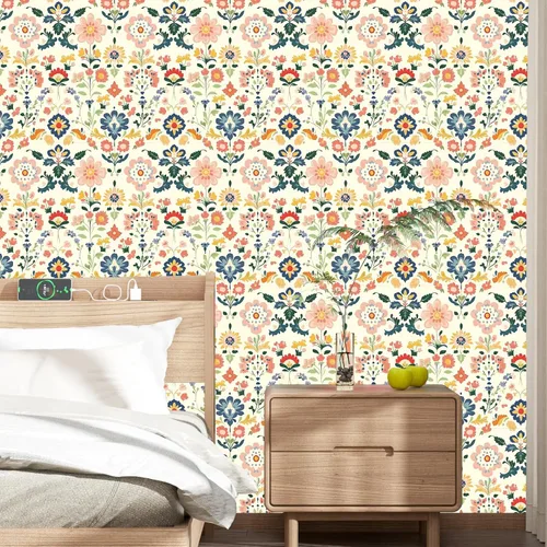 Miniatura 7 de ILHIIOR Papel tapiz floral rosa para despegar y pegar, papel de contacto con hojas bohemias, flores amarillas, extraíble, autoadhesivo, impermeable