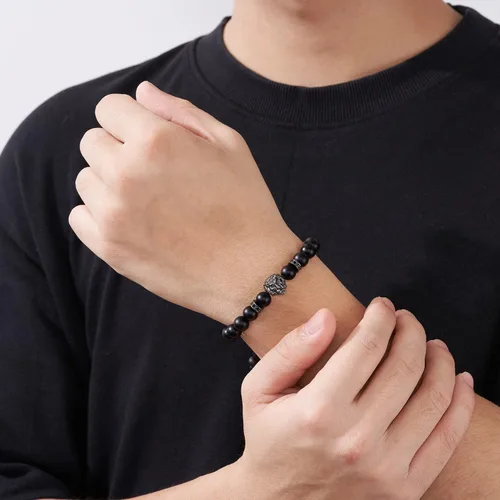 Miniatura 5 de HGDEER Regalos del día del padre para papá, padrastro, abuelo, tío, marido, novio, hijo, hermano, ágata negra y ojo de tigre, pulsera de piedra