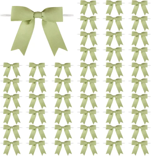 Miniatura 42 de Meseey 50 lazos de grogrén de 3 pulgadas, color gris plateado, preatados, para bolsas de golosinas, cesta de envoltura de regalo, boda, baby shower