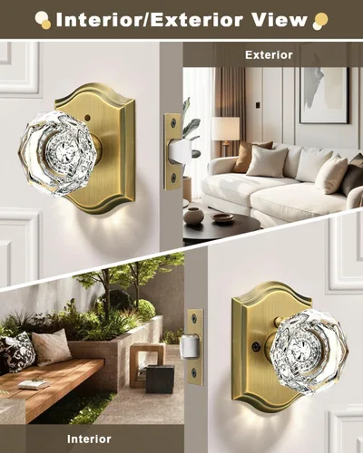 Miniatura 3 de Gobrico Juego de pomos de puerta de vidrio transparente para interiores, cerradura de puerta de cristal de diamante de privacidad en latón antiguo