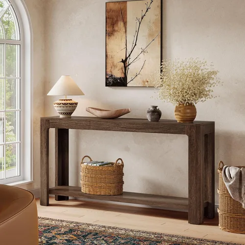 Miniatura 3 de Tribesigns - Mesa de consola de entrada de 63 pulgadas, mesa de sofá de 2 niveles estilo granja estrecha detrás del sofá, mueble de consola