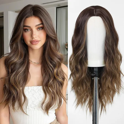 Miniatura 24 de Esmee Pelucas largas de color castaño rojizo ombré para mujer, peluca de cabello sintético ondulado y rizado natural para uso diario, fiestas