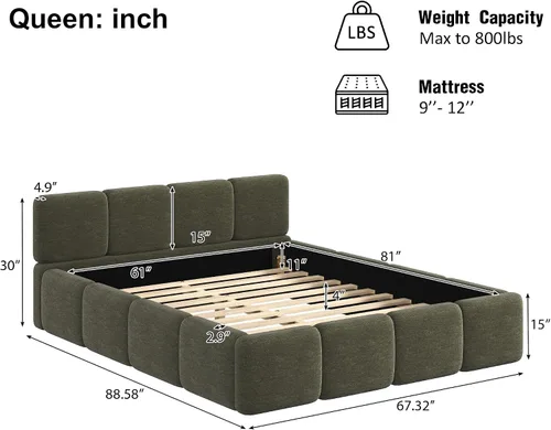 Miniatura 2 de Harper & Bright Designs Boucle - Base de cama de plataforma, tamaño Queen, plataforma estilo bloque, cama tapizada con conexión a tierra
