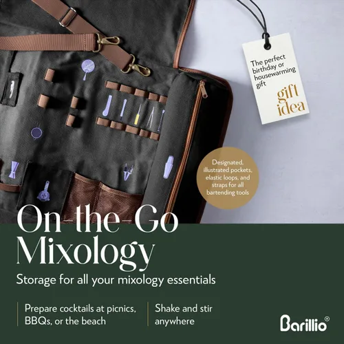 Miniatura 3 de Barillio Bolsa de Kit de Barman con Juego de Coctelera Negra – Lona Encerada, Bolsa de Herramientas de Bar de Viaje con Kit de Cóctel de 17 Piezas