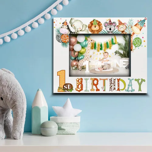 Miniatura 2 de BELLA BUSTA - Marco de fotos de primer cumpleaños, tema de cumpleaños de animales de safari, primer año del pequeño, marco de fotos con impresión UV