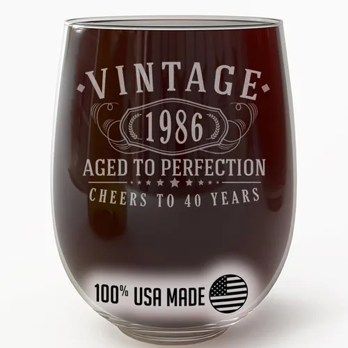 Copa de vino grabada vintage de 1986 de 17 onzas sin tallo, regalos de feliz cumpleaños 40 para mujeres y hombres, decoración de decoración de