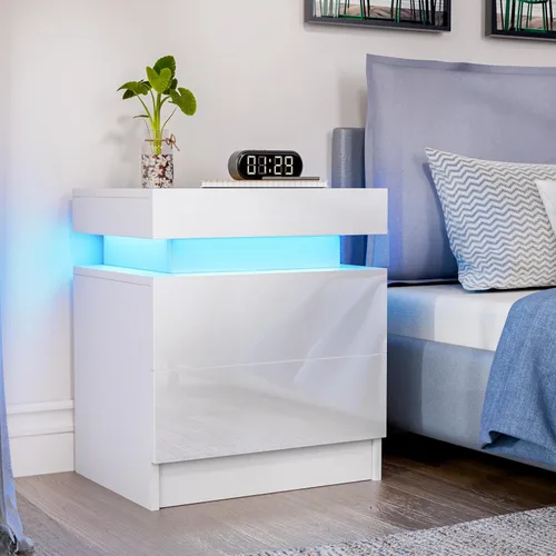 Miniatura 7 de HOMMPA Mesita de noche LED, mesita de noche blanca con luces LED, moderna mesita de noche con 2 cajones de alto brillo, mesita de noche inteligente