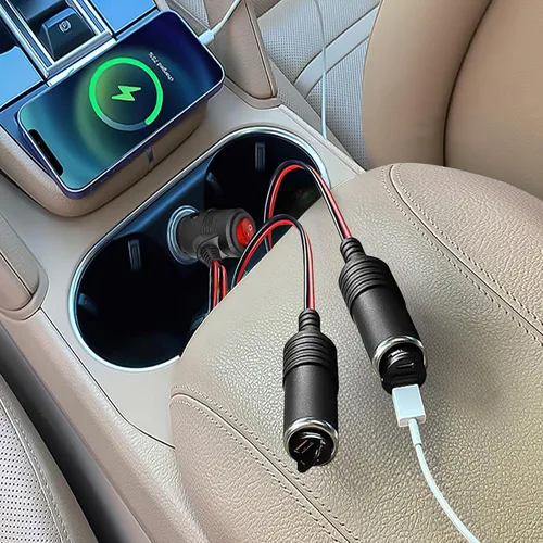 Miniatura 8 de Herfair Divisor de encendedor de cigarrillos para automóvil, adaptador de encendedor de cigarrillos de 2 enchufes, cable de extensión, puerto