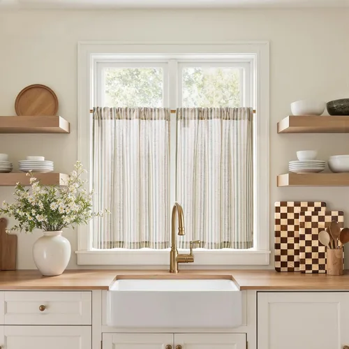 Miniatura 54 de jinchan - Cortinas de lino a rayas para cocina de 20 pulgadas de largo, cortinas de varios niveles, estilo granja moderna de café, tratamientos