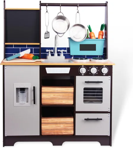 Juego de cocina para niños de 3 a 8 años, cocina de madera con accesorios de cocina y alimentos de corte, incluyendo horno, estufa, grifo y