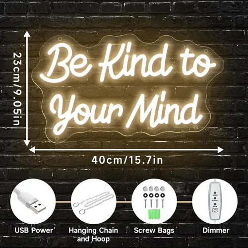 Miniatura 2 de Letrero de neón "Be Kind to Your Mind" luces de neón regulables LED para decoración de pared, palabras de aliento de neón USB, letreros de neón