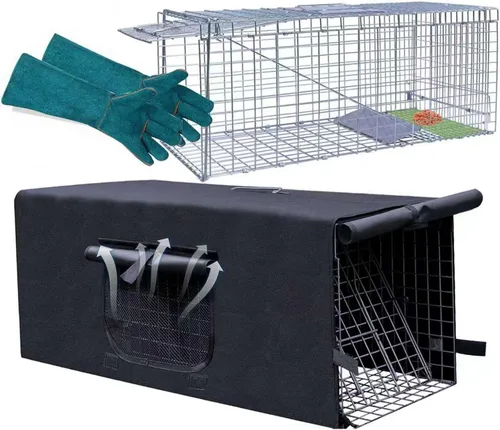 Miniatura 12 de Funda para jaula de animales vivos, trampa para gatos callejeros de 32 pulgadas, trampa plegable con puerta real para mapaches, zarigüeyas