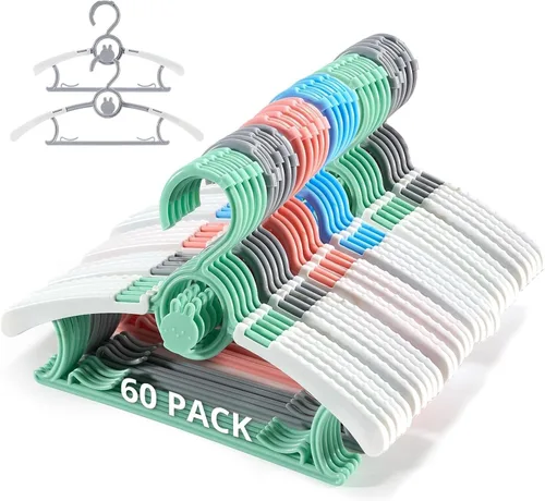 Miniatura 13 de Paquete de 60 perchas para niños, extensibles y apilables, perchas de mezcla de colores para niños pequeños, niños y adolescentes, perchas
