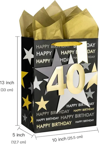 Miniatura 5 de Loveinside Bolsa de regalo de cumpleaños con papel de seda y tarjeta de felicitación para cumpleaños 40 – 10 x 5 x 13 pulgadas, 1 unidad, oro negro