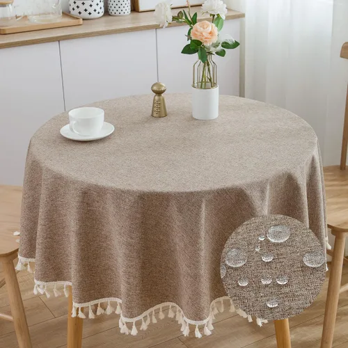 Miniatura 12 de Mantel redondo de algodón con aspecto de lino de 48 pulgadas/48.0 in resistente al agua, borde de borla, cubierta suave de color sólido para cocina