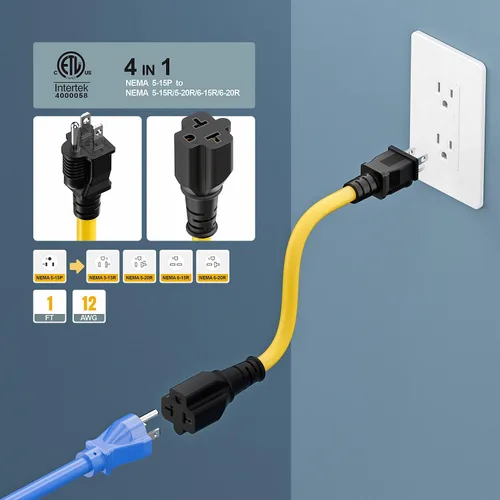 Miniatura 6 de [4 en 1] Cable adaptador de CA para el hogar de 12 AWG de 15 amperios a hoja T de 20 amperios, NEMA 5-15P a 5-15R/ 5-20R/ 6-15R/ 6-20R, adaptador