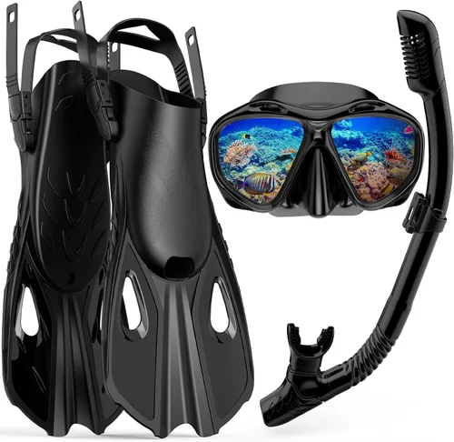 Mask Fin Snorkel Set, Travel Size Snorkeling Gear for Adults with Panoramic View Anti-Fog Mask, Fins, Dry Top Snorkel for Swimming Training,