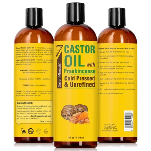 Miniatura 2 de Seven Minerals Aceite de ricino prensado en frío con incienso, botella de 16 onzas líquidas, sin refinar y sin hexano, crecimiento del cabello