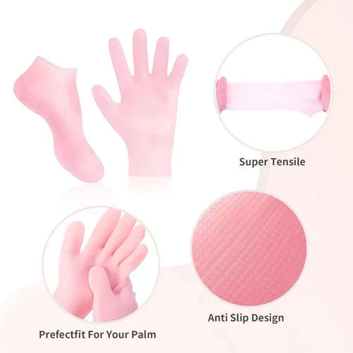 Miniatura 4 de MoyRetty Juego de 2 pares de calcetines hidratantes con guante, calcetines de spa de gel de silicona para piel seca y agrietada, calcetines de talón