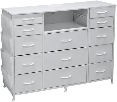Miniatura 11 de HCHQHS Cómoda de 47 pulgadas para dormitorio con 13 cajones, bolsillos laterales, ganchos y luces con control remoto, pasillo, armario, cocina, Negro