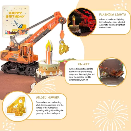 Miniatura 3 de Tarjeta de felicitación 3D de 4º cumpleaños con luz y música, tarjeta de camión grúa para niño, sobrino, nieto, hijo, niño pequeño, con sobre, 4th