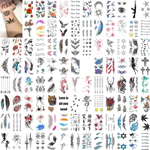 100 hojas de tatuajes temporales para mujeres y niños, flores, luna, escorpión, pluma, tigre, cicatriz de tatuajes para adolescentes