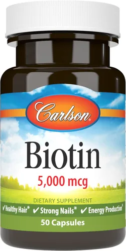 Carlson - Biotina, 5000 mcg, cabello saludable, uñas fuertes y producción de energía, 50 cápsulas
