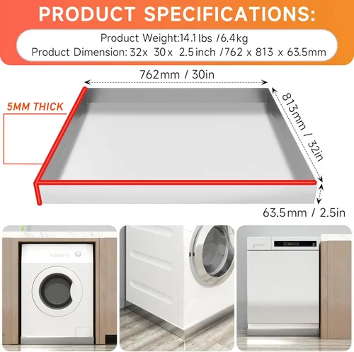Miniatura 2 de Bandeja para Lavadora - 32" x 30" x 2.5" Acero Inoxidable 304 de Servicio Pesado, Bandeja de Lavadora, Bandeja para Lavadora, Bandeja de Drenaje