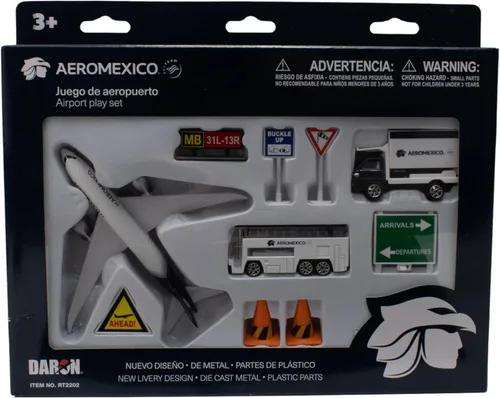 Daron Aeroméxico Airport Playset con aviones, vehículos y accesorios de metal fundido a presión, juego de juguetes de 10 piezas con licencia oficial