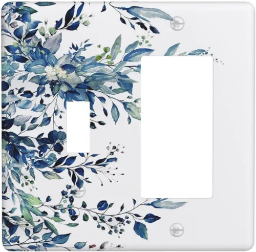 Miniatura 62 de Cubiertas de Salida Triple Basculante con Hojas de Plantas de Eucalipto Azul en Acuarela Floral, Placa Frontal Decorativa de 3 Posiciones, Cubierta